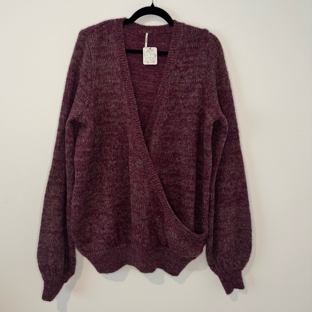 NWT - Free People Wrap Sweater Marled Burgundy Purple Knit Long Sleeve Women’s M - Picture 1 of 6